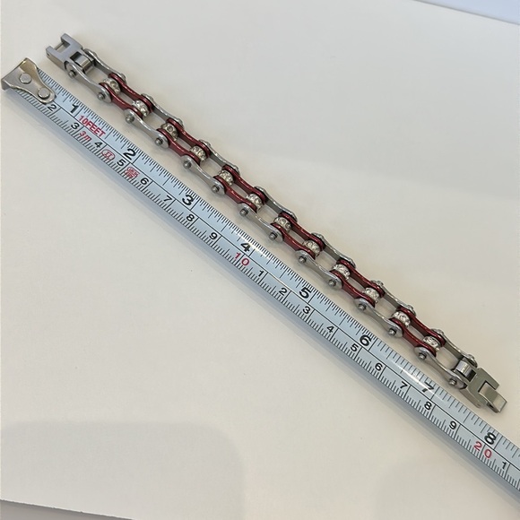 Silver and Gloss Brick Red Color Stainless Steel Bike Chain Bracelet with Stones - Picture 5 of 6
